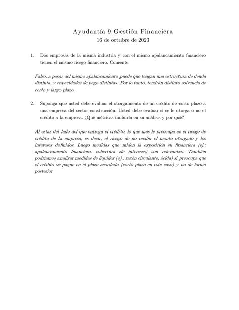 Pauta Ayudantía 9 G A yudantía 9 G estión Financiera 16 de octubre de