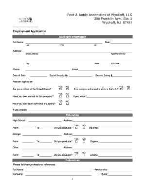 Fillable Online Employment Application Wyckoff Podiatrist Fax Email