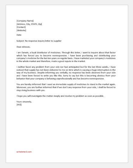 No Response Inquiry Letter To Supplier