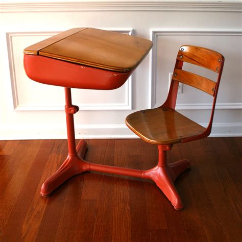 Vintage Salmon Elementary School Desk Storage and Chair. Wood.