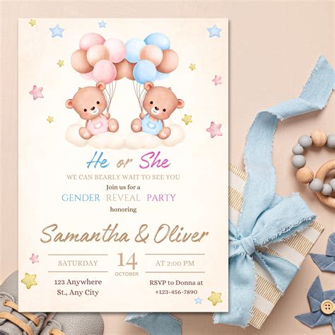 Editable Teddy Bears Gender Reveal Invitation Baby Boy Or Girl Party