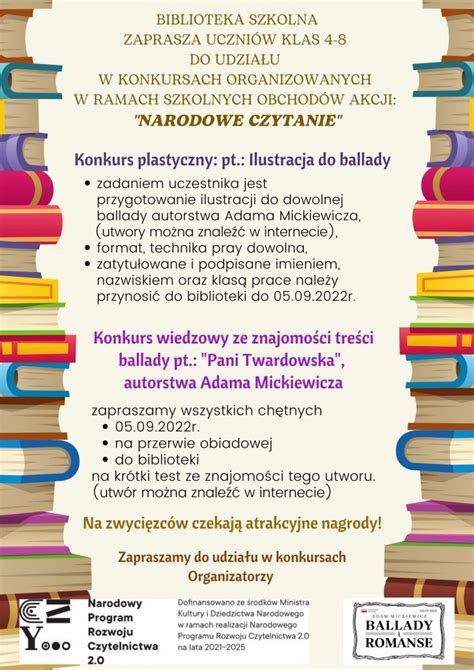 BIBLIOTEKA SZKOLNA ZAPRASZA UCZNIÓW KLAS 4 8 DO UDZIAŁU W KONKURSACH