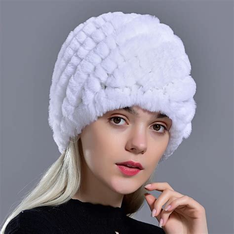 Raglaido Rabbit Winter Fur Hat For Women Russian Real Fur Knitted Cap