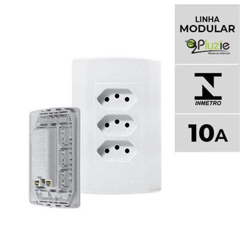 Tomada Tripla Linha Facil 10A Pluzi Modular Pluzie 4x2 Branca 250V