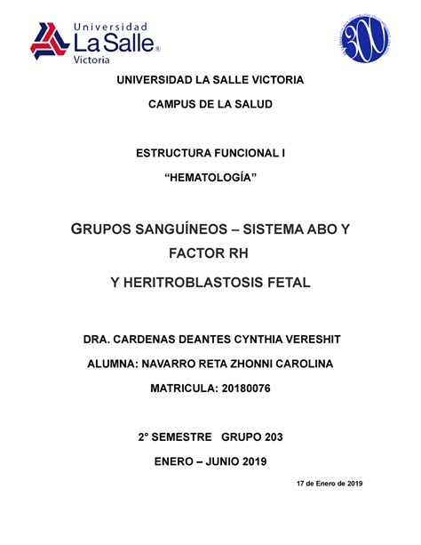 GRUPOS SANGUÍNEOS Y RH UNIVERSIDAD LA SALLE VICTORIA CAMPUS DE LA