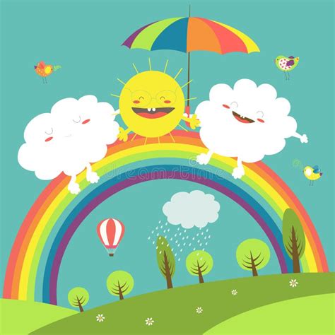 Regenboog Wolk En Gelukkige Zon In De Hemel Vector Illustratie