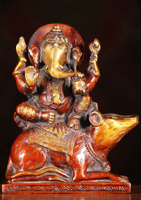 Brass Hindu God Ganesha Statue Seated On His Vehicle A Large Rat Named Mooshika 6 89bs83z