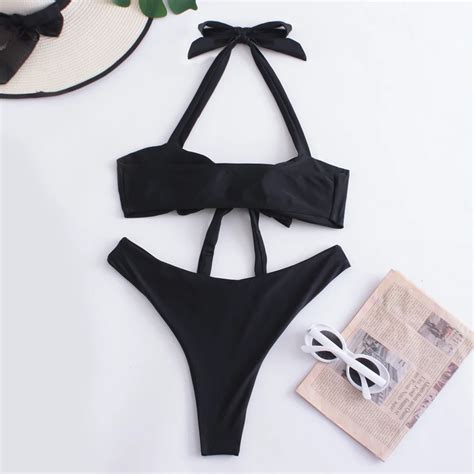 Custom New Design Sexy Solid Strapless Two Piece Bikini Beachwear Front Tie Swimsuit Women High