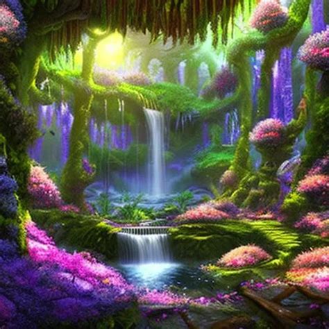 Lush Fantasy Enchanted Magic Forest With Flowers And