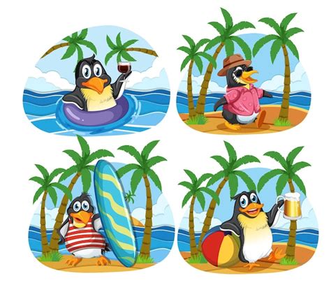 Personajes de dibujos animados de pingüinos en tema de verano Vector