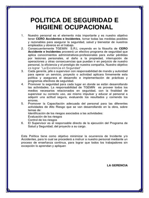 Politica De Seguridad E Higiene Ocupacional Pdf Movimiento