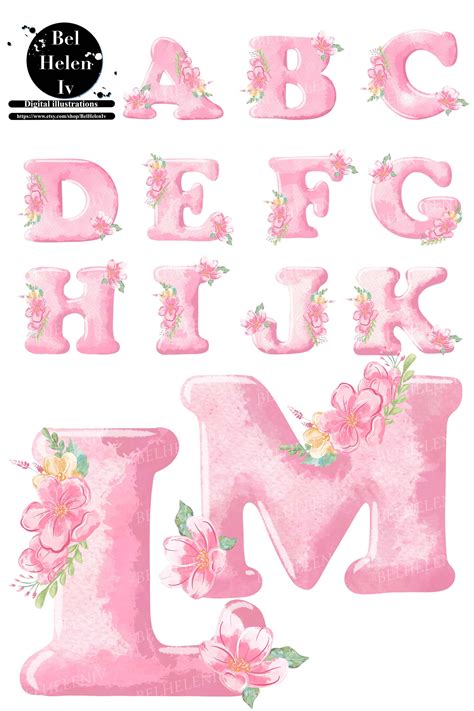 Pink Flower Alphabet Clipart Alphabet Watercolor Baby Art Etsy