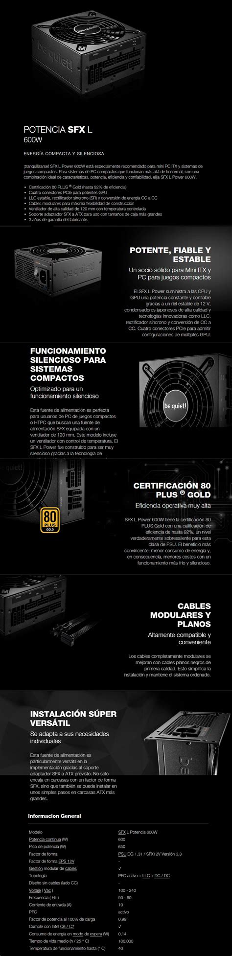 Fuente De Poder Certificacion 80 Gold Be Quiet SFX L POWER 600W