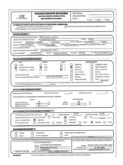 Solicitud Cfe Aumento De Carga Pdf