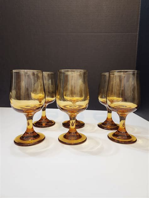 Amber Glass Small Wine Glasses Cordials Set Of 6 Vintage Barware Etsy