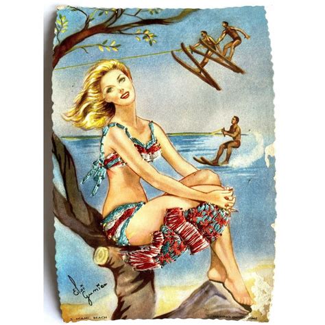 Vintage Postcard Bikini Girl Miami Beach Silk Embroidered Signed Elsi Gumier Etsy
