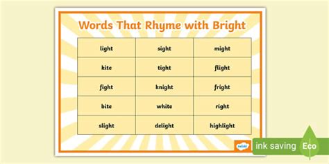 Words That Rhyme With Bright Word Mat Hecho Por Educadores