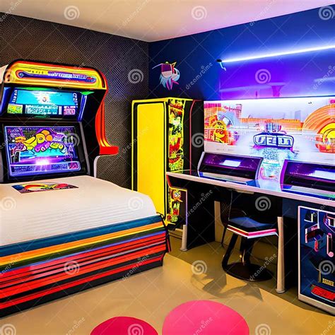 A Retro Arcade Themed Bedroom With A Pac Man Bed Arcade Game Wall Decals And Neon Lighting2