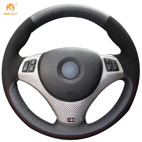 MEWANT Black Genuine Leather Black Suede Car Steering Wheel Cover For