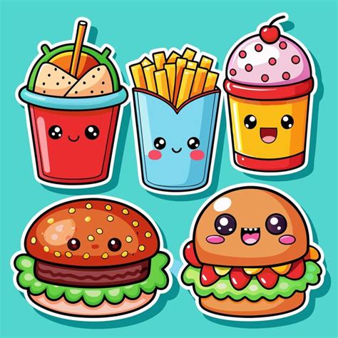 Cute Cartoon Fast Food Icons Set Premium Ai Generated Vector