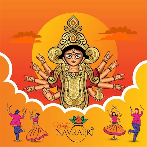 Premium Vector Happy Navratri Greeting With Couple Garba And Dandiya Dancing And Goddess Durga