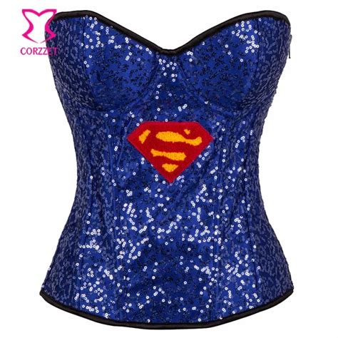 Blue Sequin Superwoman Cosplay Overbust Corset Bustier Top Corselet