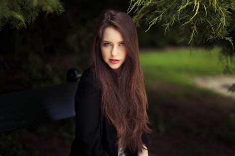 Women Depth Of Field Blue Eyes Black Coat Brunette Long Hair Red