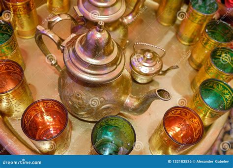 Traditional Arabic Tea Set And Dried Dates Top View Stock Photo