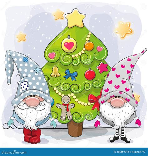 Two Cute Gnomes And Christmas Tree Stock Vector Illustration Of Hand