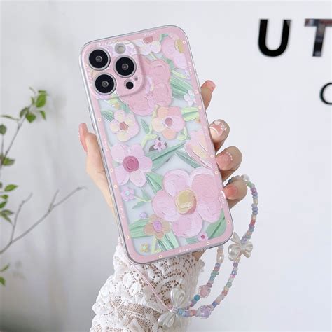 Compatible For Iphone Se Xs Max Xr 7 8 6 6s Plus Soft Tpu Fresh Flower Phone Case With Chain