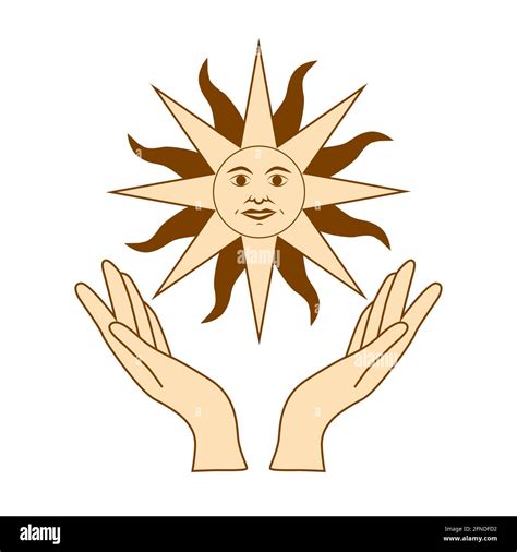 Mystical Drawing Human Hands Hold The Sun Circle Of A Phase Of The