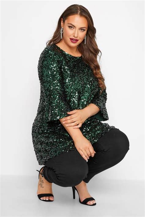 Yours London Plus Size Green Sequin Embellished Flute Sleeve Top Yours Clothing