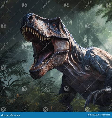 Hyper-realistic Portraiture of Allosaurus in a Dark Forest Stock