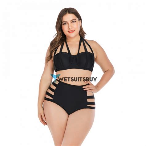 Sexy Black Plus Size Bikini Hollow Halter Top Swimsuit