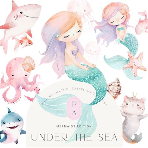 Watercolor Mermaids Clipart Underwater Clipart Nursery Cute Mermaids