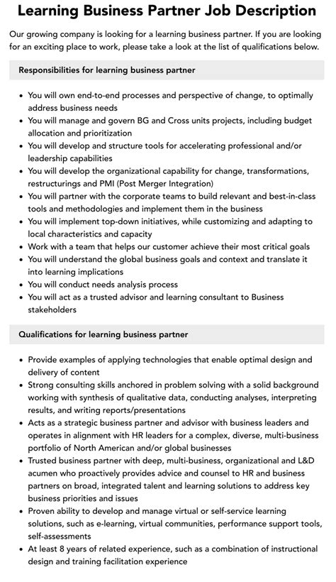 Learning Business Partner Job Description Velvet Jobs