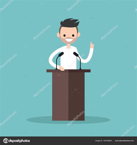 Brunette Bearded Man Standing Behind The Tribune And Pointing Hi Stock