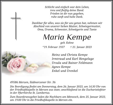 Traueranzeigen Von Maria Kempe Noz Trauerportal