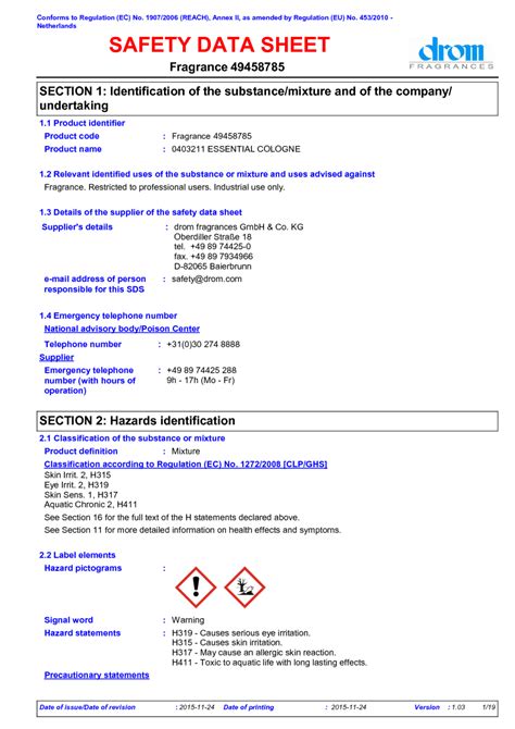 0403211 Essential Colognesafety Data Sheet Msds Download