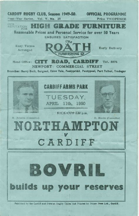 Programme Cardiff V Northampton 1950 Cardiff Rugby Museum