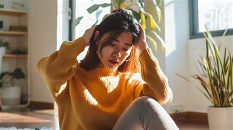 Premium Photo Unhappy Woman Touching Hair Sitting On Floor At Home