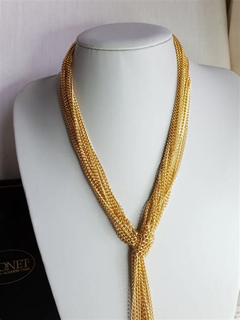 Monet Multi Strand Chain Tassel Necklace Gold Plated Gem