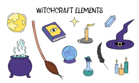 Premium Vector Witchcraft Elements Vector Set Witch Doodle Attributes Magic Ball Spell Book