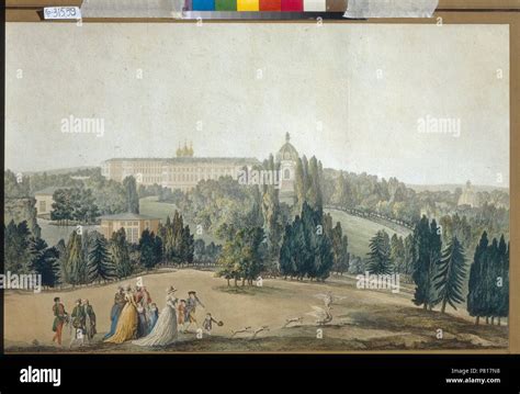 View of Tsarskoye Selo. Empress Catherine II walking. Museum: State ...