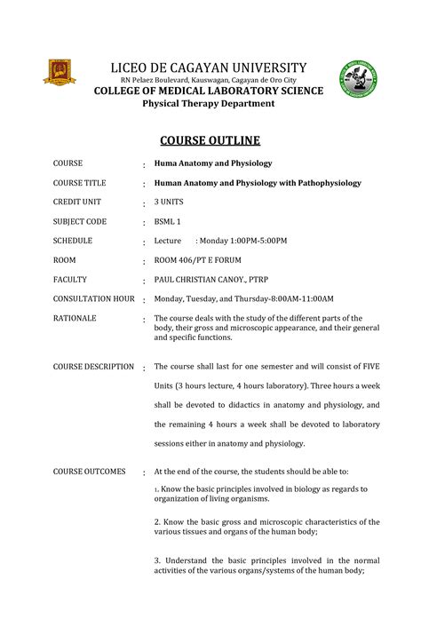 SOLUTION Human Anatomy And Physiology Course Outline Studypool