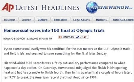 Londres Em site cristão americano Tyson Gay vira Tyson Homossexual