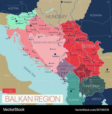 Balkan region detailed editable map Royalty Free Vector