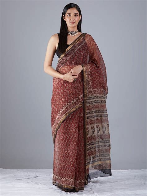 Buy Red Hand Block Printed Kota Doria Saree CHMA306 CHMA3 The Loom