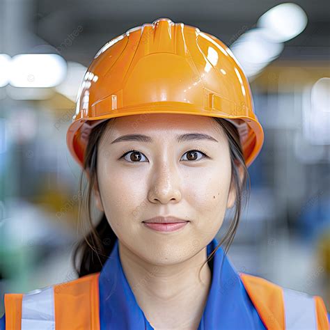 Garota Usando Capacete De Segurança Em Pé No Local De Trabalho E O