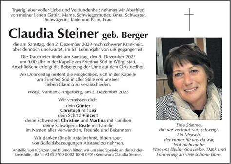 Traueranzeige Von Claudia Steiner Vom 02 12 2023 Tiroler Tageszeitung